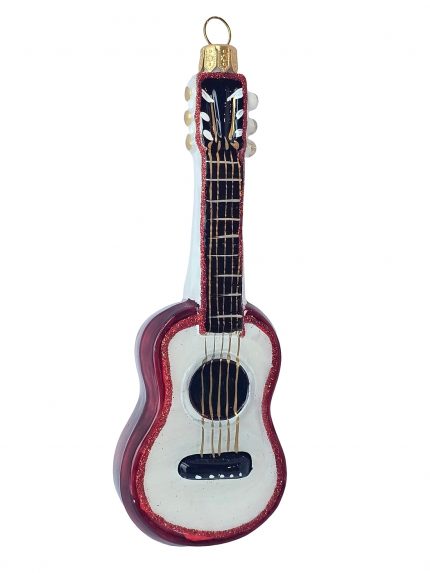 Stiklinis eglutės žaisliukas gitara – raudoni blizgantys kraštai ir juodas grifas su auksinėmis stygomis