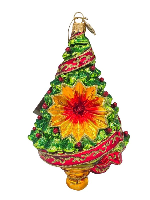 Stiklinis kalėdinis žaisliukas eglutė su oranžine žvaigžde reflektoriumi ir raudona juosta